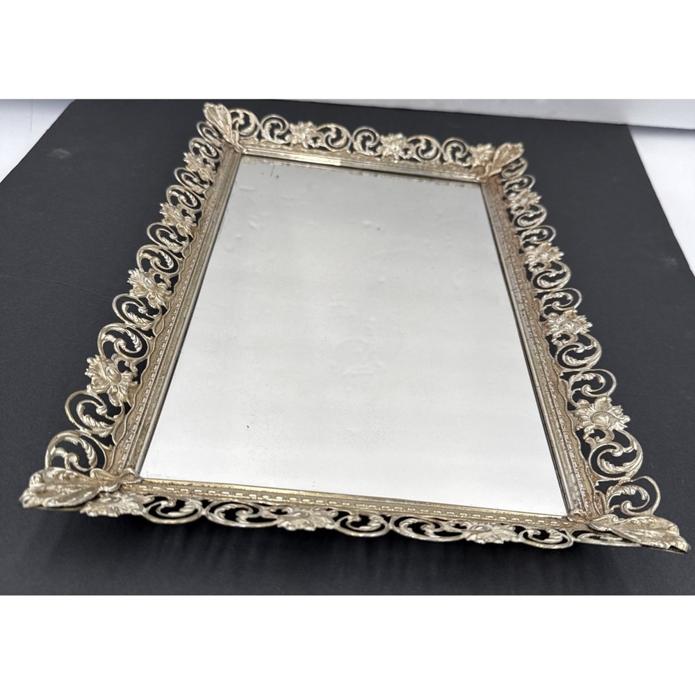 Vtg Ornate Vanity Mirror picture Stand Alone Or Tray keeper 15" x 10" Or Hang
